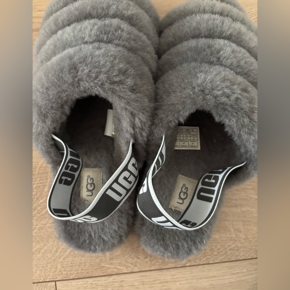 UGG Fluff Yeah Slide Slippers Charcoal Gray Shearling Platform Sandals Size 10 - Picture 5 of 8